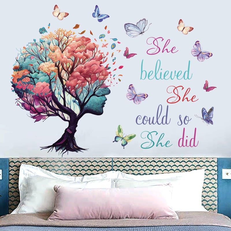 Casa Decor Inspirational Quotes Wall Art - 'She Believed She Could So She Did' Tree & Butterfly Decal Stickers for Women & Girls Bedroom & Living Room Decor - Image 2