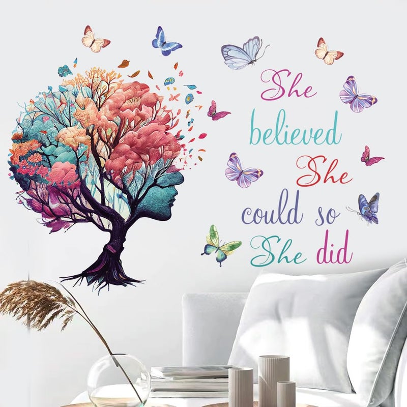 Casa Decor Inspirational Quotes Wall Art - 'She Believed She Could So She Did' Tree & Butterfly Decal Stickers for Women & Girls Bedroom & Living Room Decor - Image 3