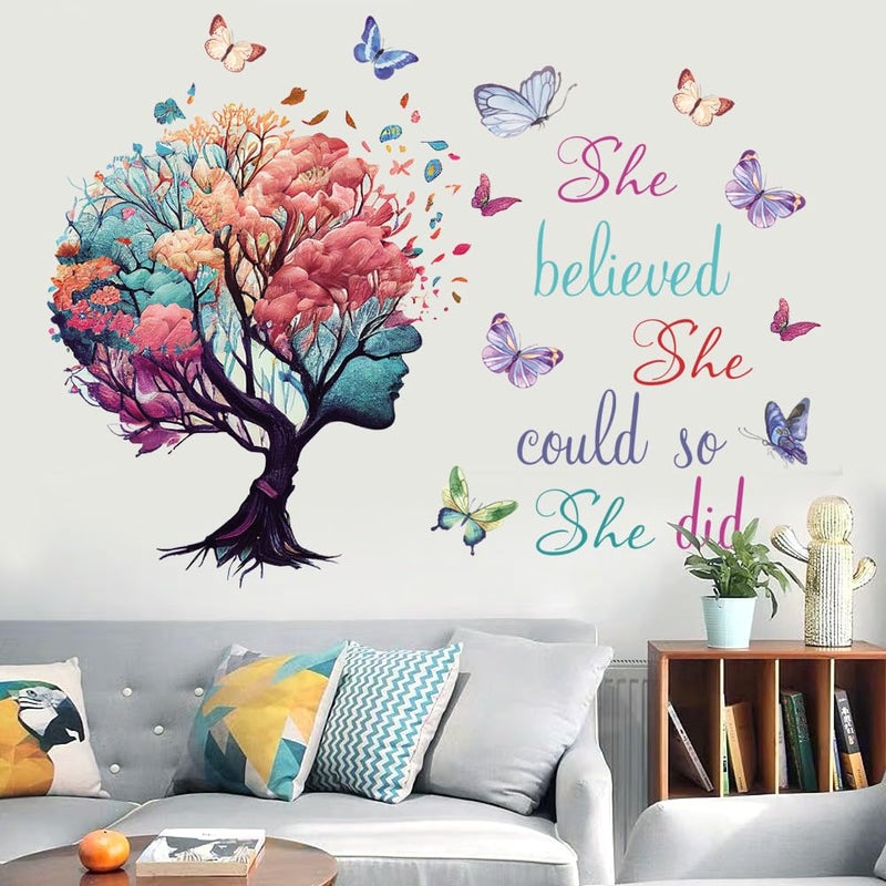 Casa Decor Inspirational Quotes Wall Art - 'She Believed She Could So She Did' Tree & Butterfly Decal Stickers for Women & Girls Bedroom & Living Room Decor - Image 1