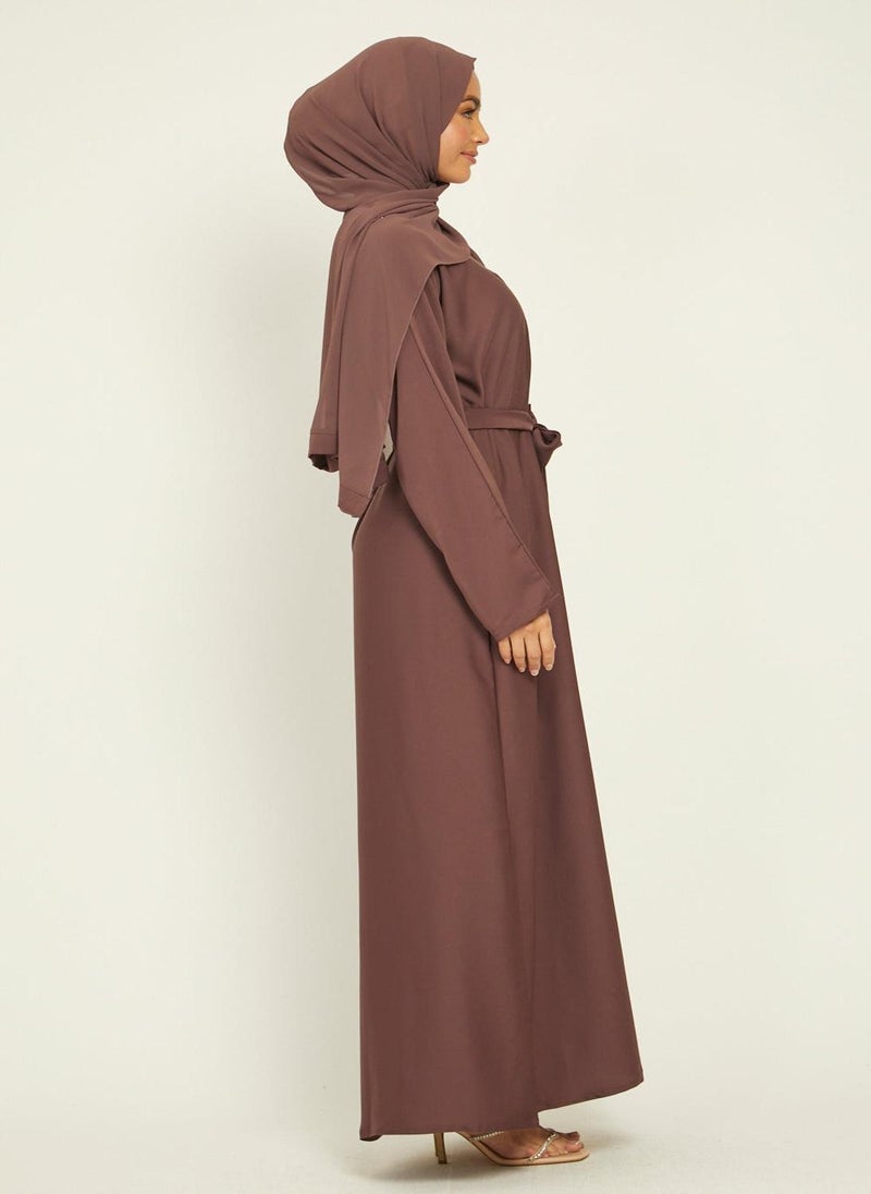NUKHBAA Elegant Tan plain abaya wityh belt and Hijab-AB78  - Image 1