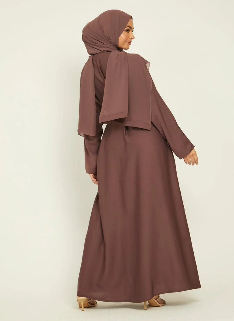 NUKHBAA Elegant Tan plain abaya wityh belt and Hijab-AB78