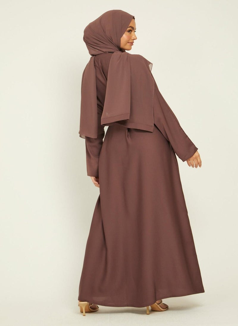 NUKHBAA Elegant Tan plain abaya wityh belt and Hijab-AB78  - Image 2