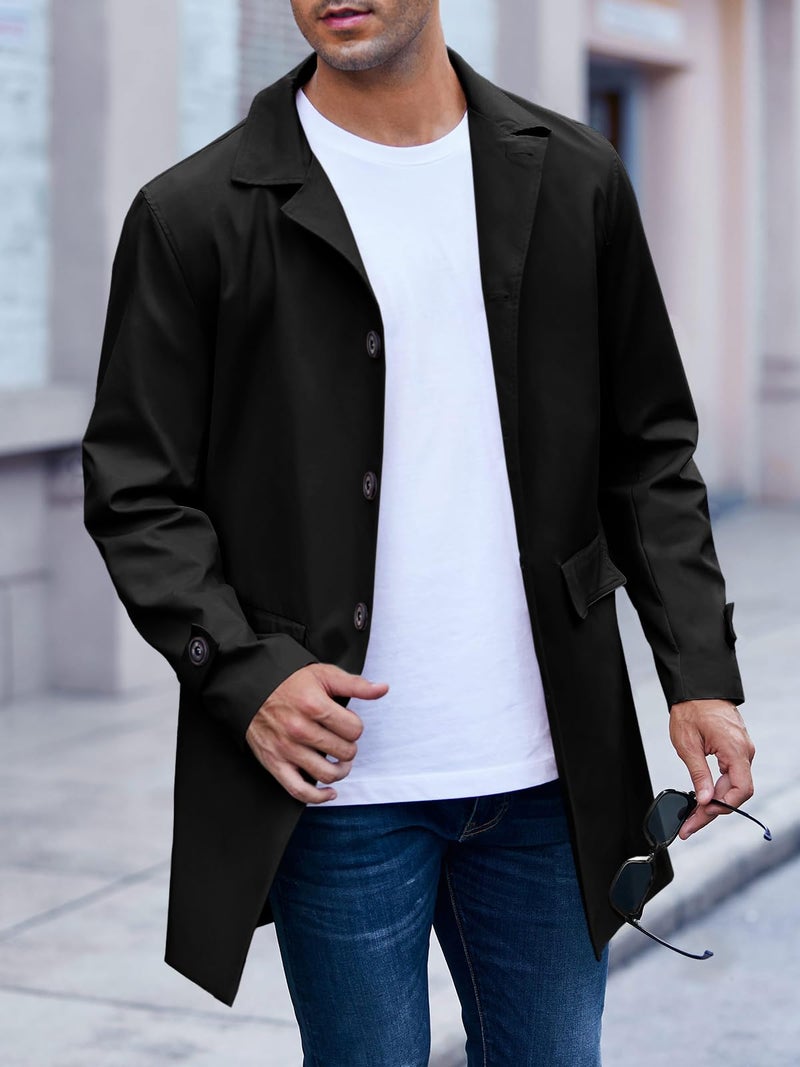 Coutgo Mens Trench Coat Slim Fit Single Breasted Casual Long Jacket Lightweight Lapel Fall Windbreaker Overcoat - Image 3