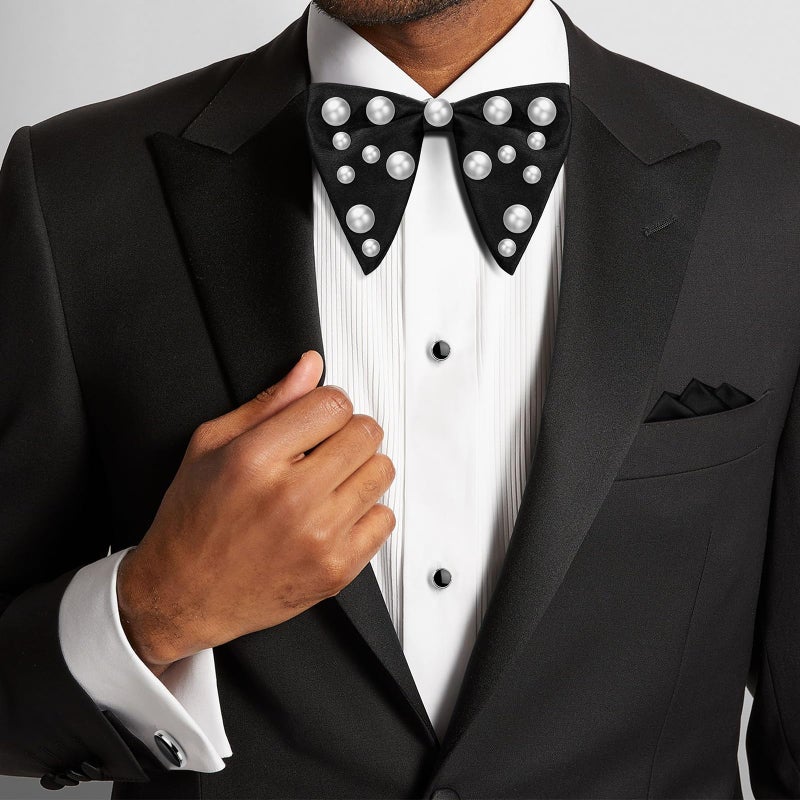 HAWSON Black Bow Ties Pocket Square Set with Cufflinks and Studs,Men's Adjustable Pre-Tied Silk Tuxedo Bow tie for Wedding. - Image 4