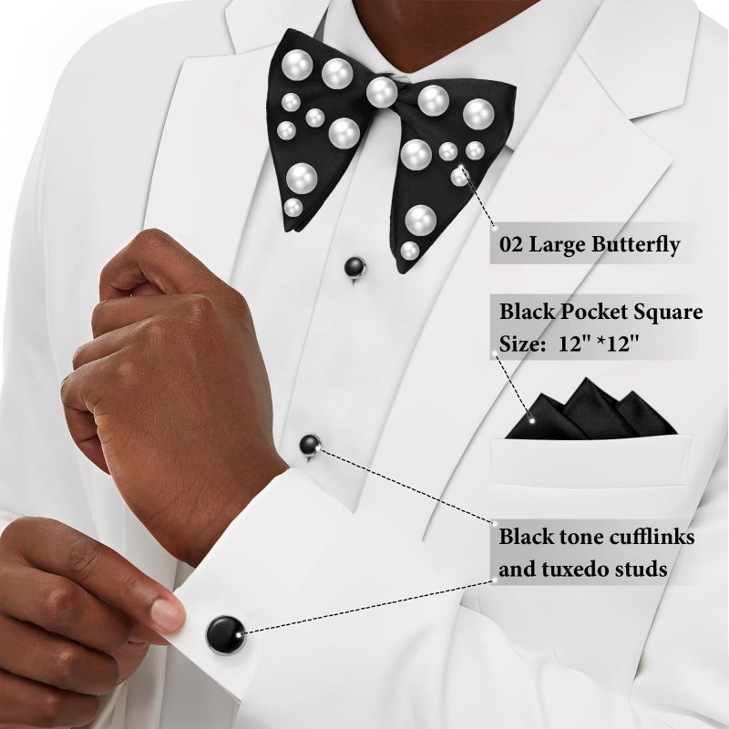 HAWSON Black Bow Ties Pocket Square Set with Cufflinks and Studs,Men's Adjustable Pre-Tied Silk Tuxedo Bow tie for Wedding. - Image 3