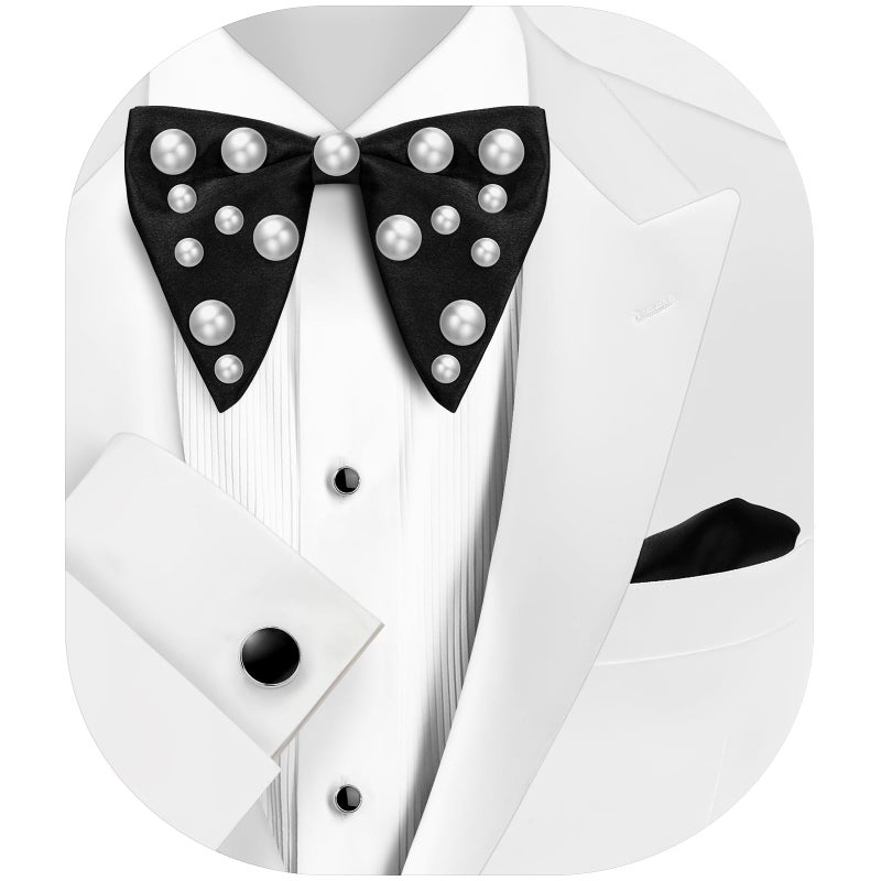 HAWSON Black Bow Ties Pocket Square Set with Cufflinks and Studs,Men's Adjustable Pre-Tied Silk Tuxedo Bow tie for Wedding. - Image 1