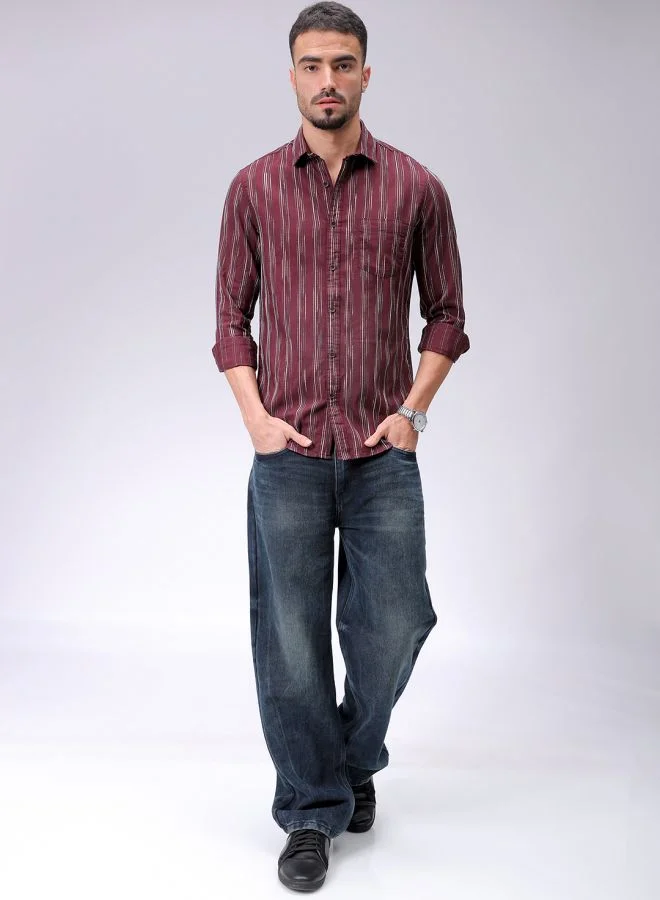 The Indian Garage Co Men Slim Fit Striped Full Sleeves Cutaway Collar Casual Shirt