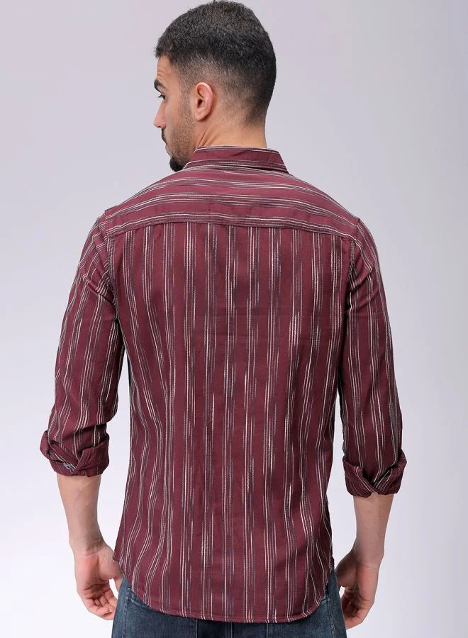 The Indian Garage Co Men Slim Fit Striped Full Sleeves Cutaway Collar Casual Shirt
