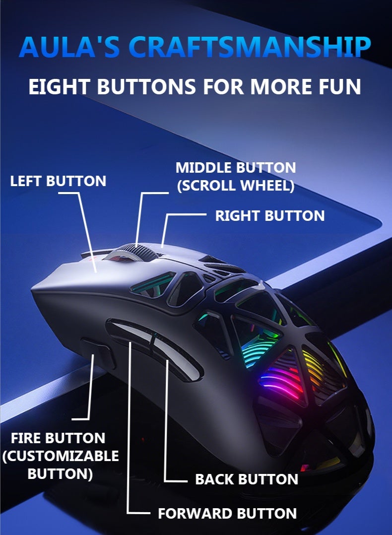 AULA AULA SC620 Bluetooth Wireless E-sports Mouse Tri-Mode Hollowing RGB Mouse Ergonomics Lightweight Mice PC Gamer Accessories​ Gift - Image 5