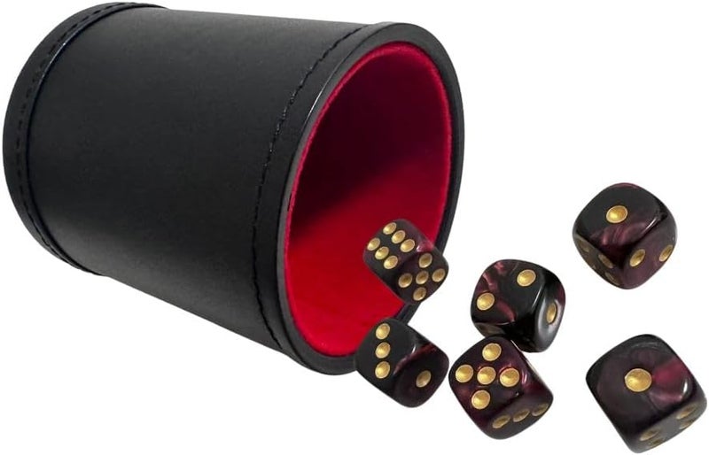 PU Leatherette Dice Cup with 6 D6 Black and Red Dice for Yahtzee Farkle Bar Party Dice Games