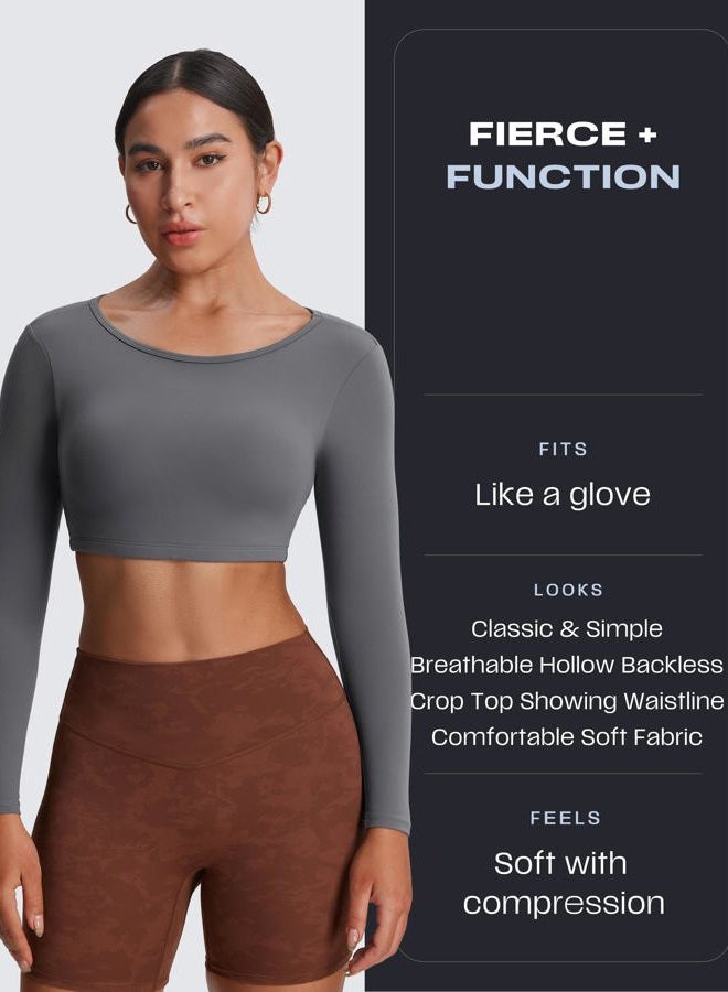 Aoxjox Workout Long Sleeve Crop Tops for Women Clarissa Backless Gym Cropped T Shirt Top, Iron Grey, S - Image 2