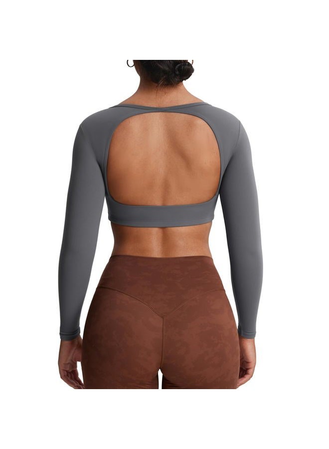 Aoxjox Workout Long Sleeve Crop Tops for Women Clarissa Backless Gym Cropped T Shirt Top, Iron Grey, S - Image 1
