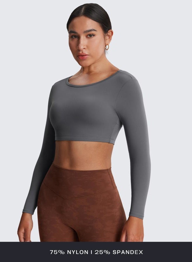 Aoxjox Workout Long Sleeve Crop Tops for Women Clarissa Backless Gym Cropped T Shirt Top, Iron Grey, S - Image 3