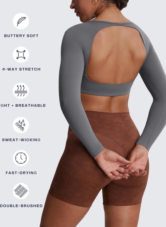 Aoxjox Workout Long Sleeve Crop Tops for Women Clarissa Backless Gym Cropped T Shirt Top, Iron Grey, S - Image 4