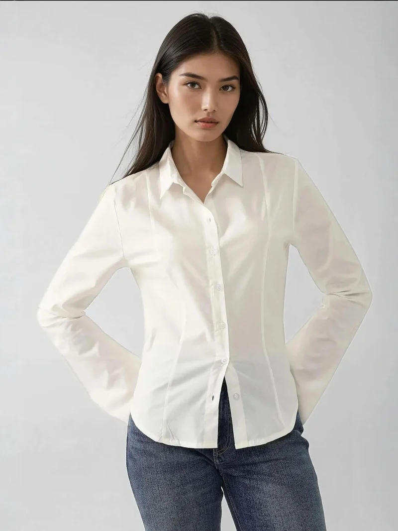 HICCUP Cream Natural Fitted Long Sleeve Shirt for Women | Best Price UAE