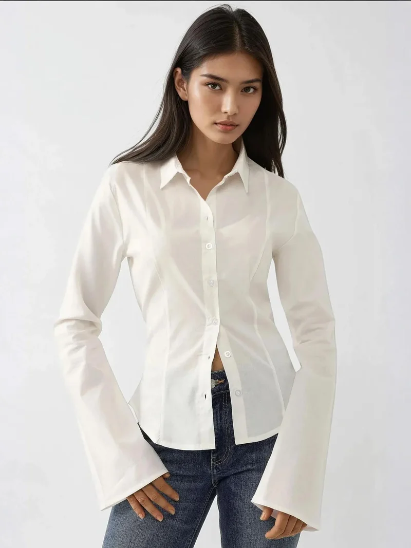 HICCUP Cream Natural Fitted Long Sleeve Shirt for Women | Best Price UAE