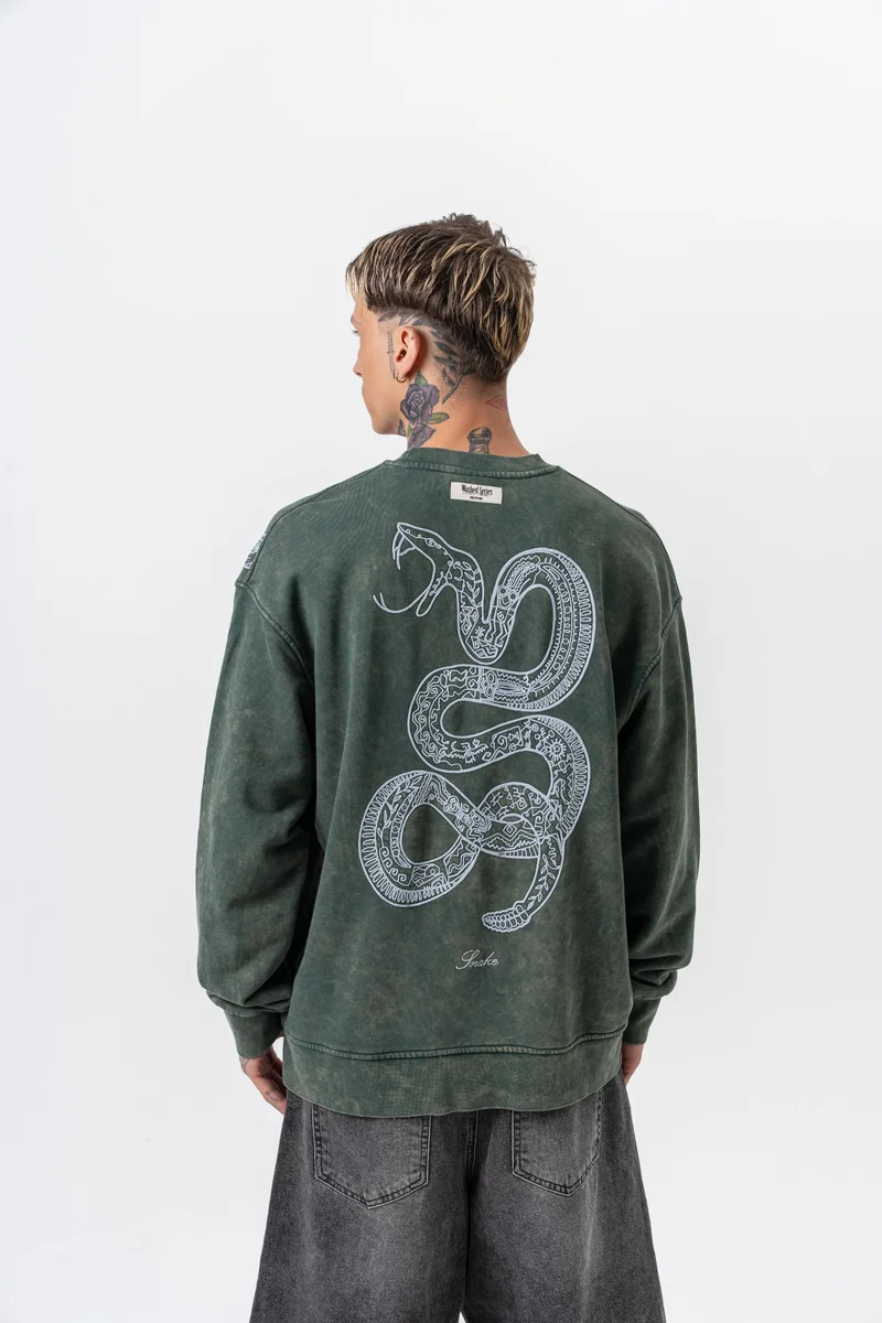 ريسباير سويت شيرت رجالي واسع بياقة دائرية مطرز بالثعبان أخضر