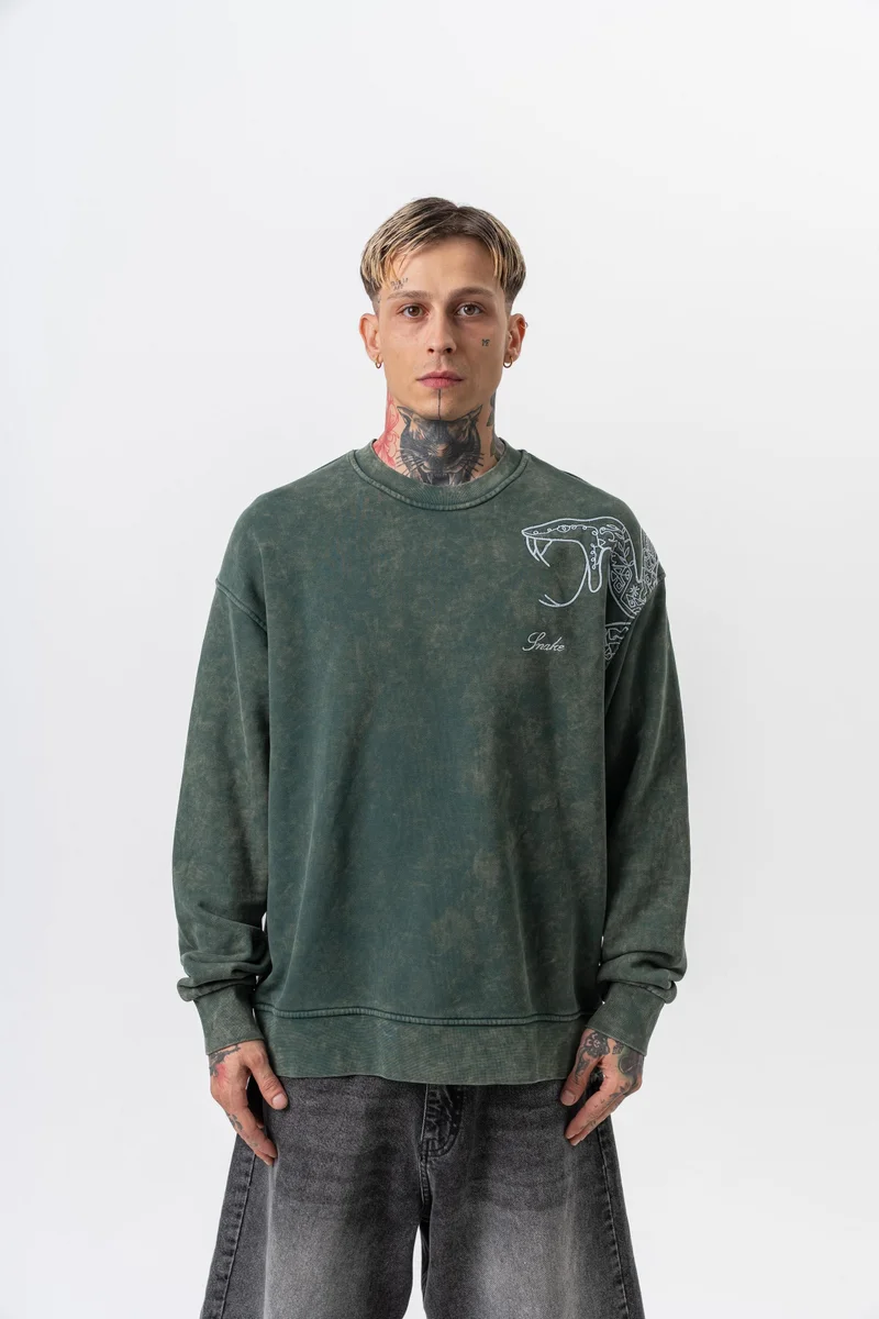 ريسباير سويت شيرت رجالي واسع بياقة دائرية مطرز بالثعبان أخضر