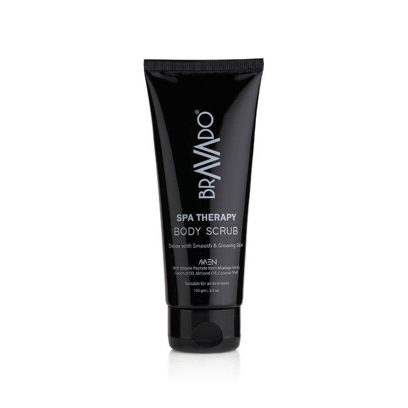 Bravado مقشر الجسم للعناية بالسبا من برافادو للرجال - تقشير، إزالة تان وترطيب البشرة بمكونات مغذية | مزيل للرؤوس السوداء وحل لإزالة التان | كريم للوجه، منظف للوجه، مقشر للبشرة | 100 جرام - Image 1