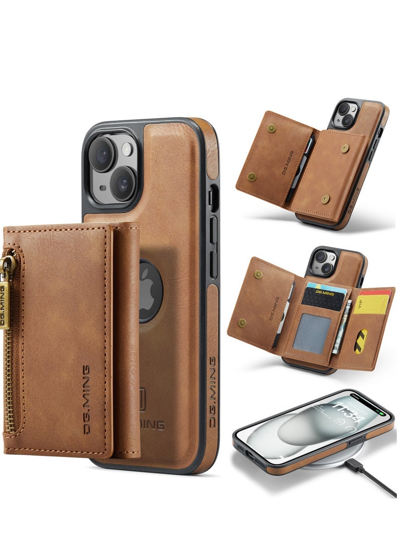 Dg Ming 2 in 1 Clutch Wallet for iphone 15 Plus, Vintage Slim Leather Case Magnetic Detachable Tri-Fold Wallet, Leather Case with Card Holder Pocket Slim Case  - Image 2