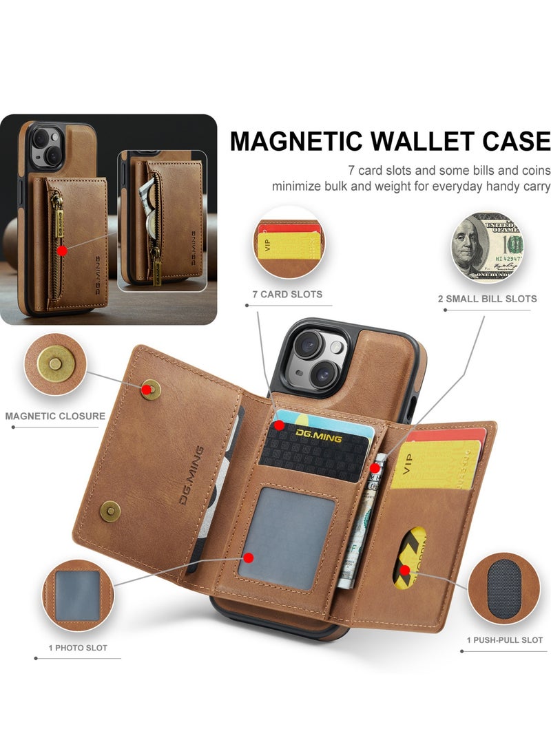 Dg Ming 2 in 1 Clutch Wallet for iphone 15 Plus, Vintage Slim Leather Case Magnetic Detachable Tri-Fold Wallet, Leather Case with Card Holder Pocket Slim Case  - Image 3