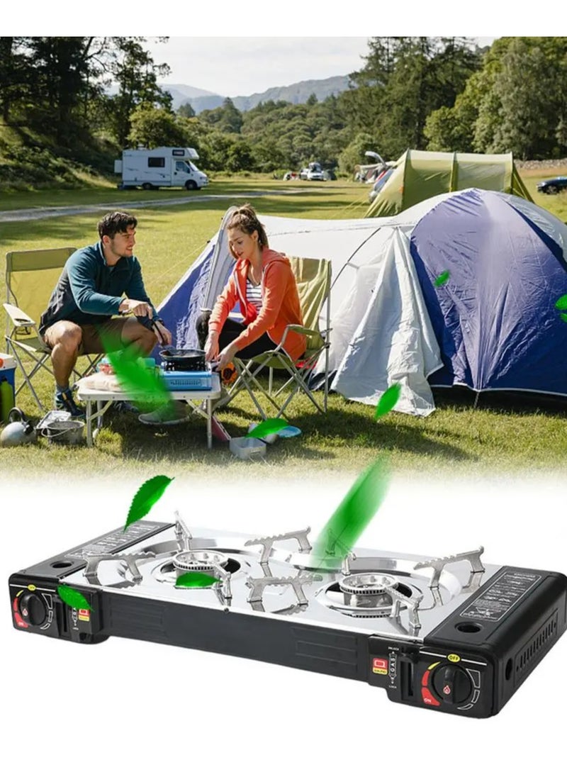 A Portable two-burner Gas Stove For Trips And Camping That Works On A Home Gas Cylinder And Small Gas Cans