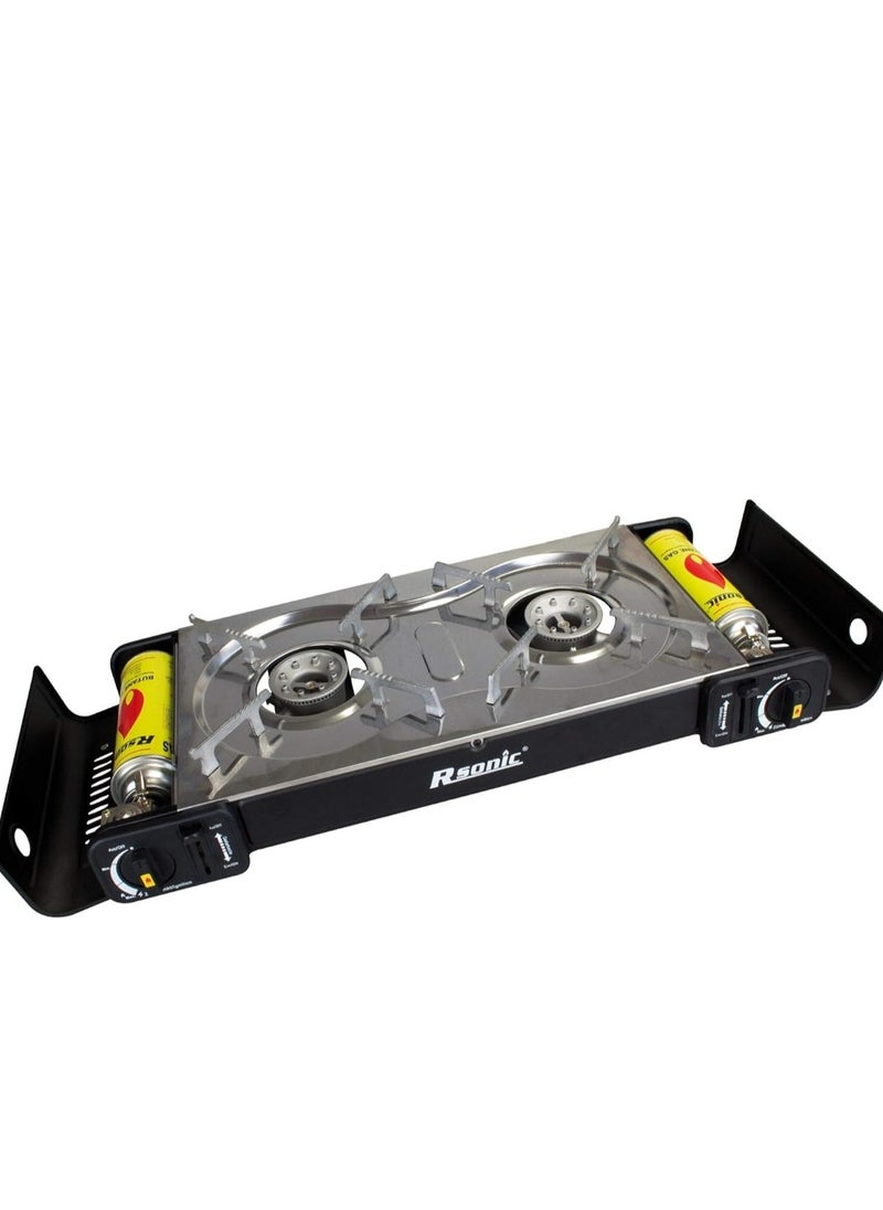 A Portable two-burner Gas Stove For Trips And Camping That Works On A Home Gas Cylinder And Small Gas Cans