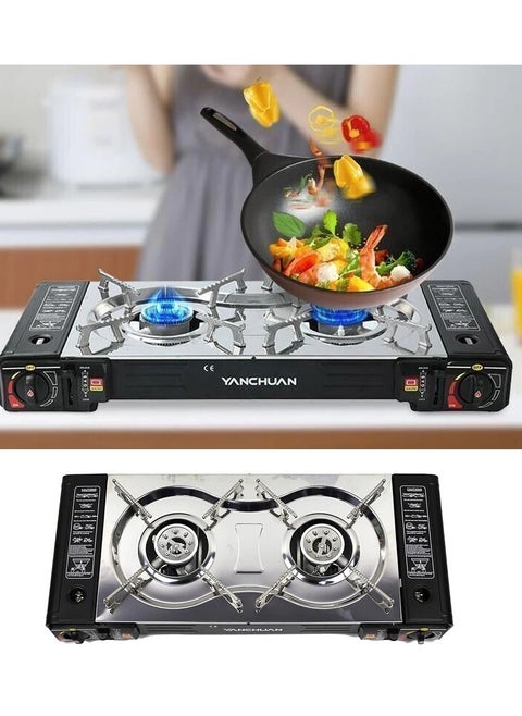A Portable two-burner Gas Stove For Trips And Camping That Works On A Home Gas Cylinder And Small Gas Cans