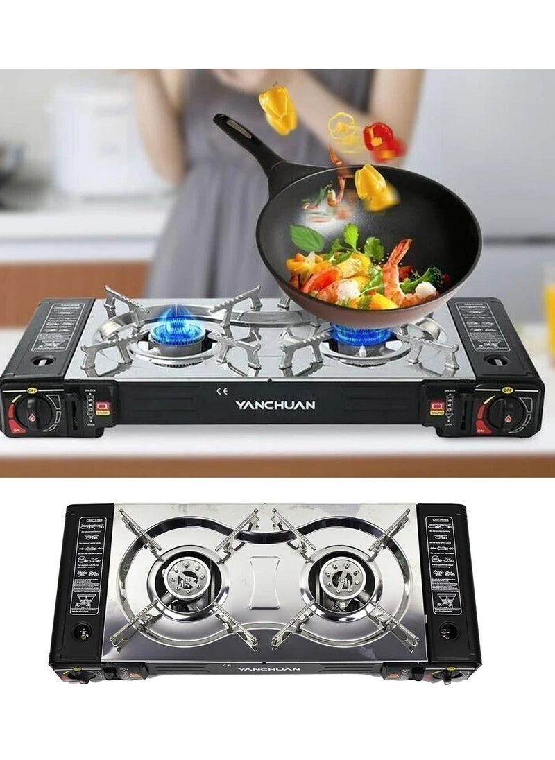 A Portable two-burner Gas Stove For Trips And Camping That Works On A Home Gas Cylinder And Small Gas Cans