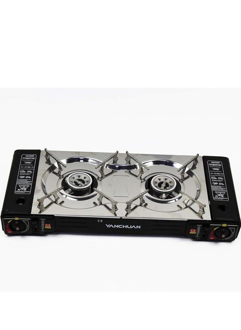 A Portable two-burner Gas Stove For Trips And Camping That Works On A Home Gas Cylinder And Small Gas Cans