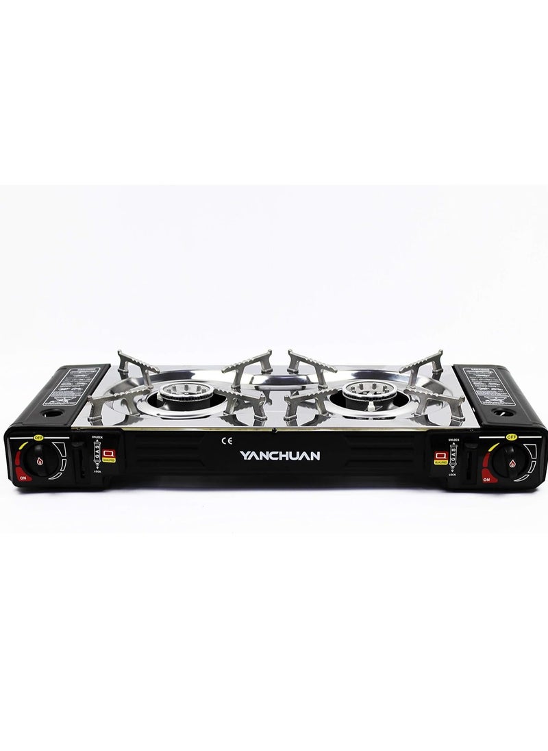 A Portable two-burner Gas Stove For Trips And Camping That Works On A Home Gas Cylinder And Small Gas Cans