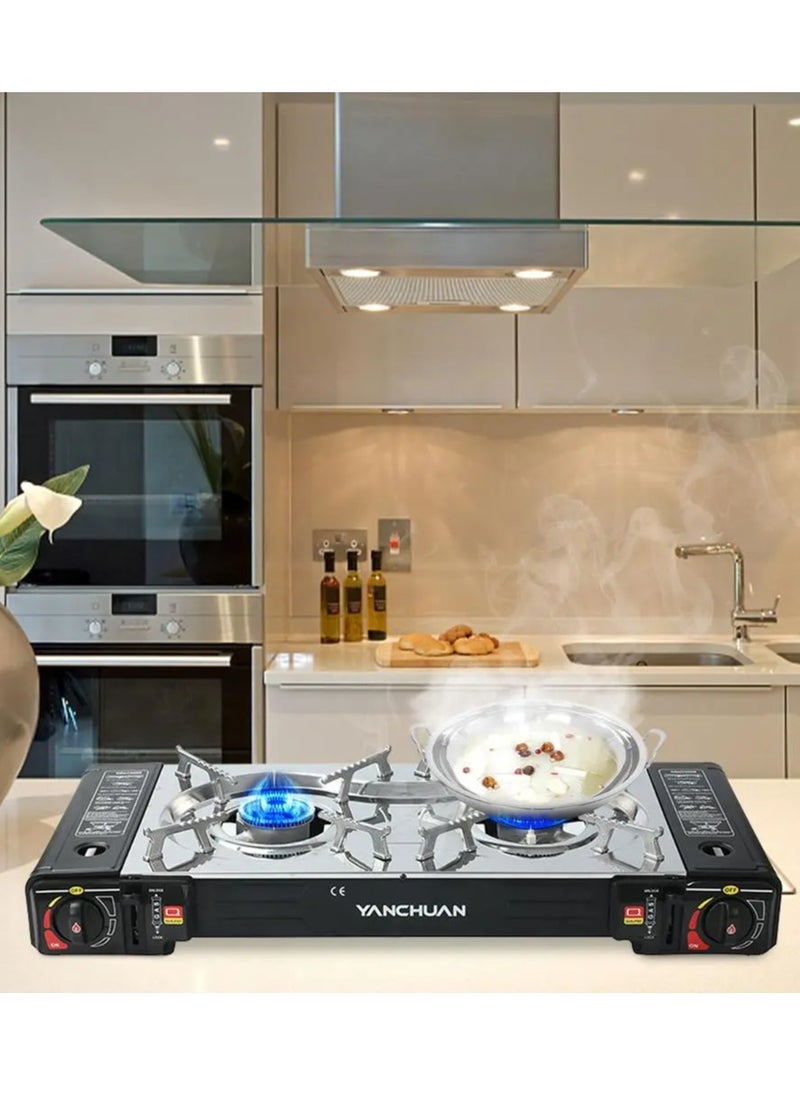 A Portable two-burner Gas Stove For Trips And Camping That Works On A Home Gas Cylinder And Small Gas Cans