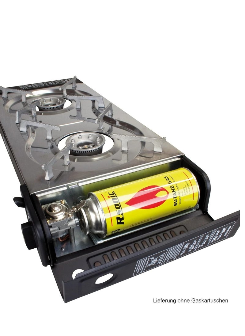 A Portable two-burner Gas Stove For Trips And Camping That Works On A Home Gas Cylinder And Small Gas Cans