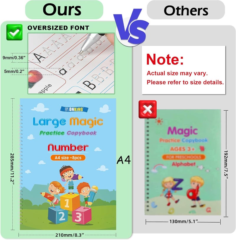 Monking Large Magic Practice Copybook for Kids,Handwriting Grooved Practice Book 6 Pack with Pen Refill English Cursive Calligraphy Reusable Age 3-8（A4 Size） - Image 2