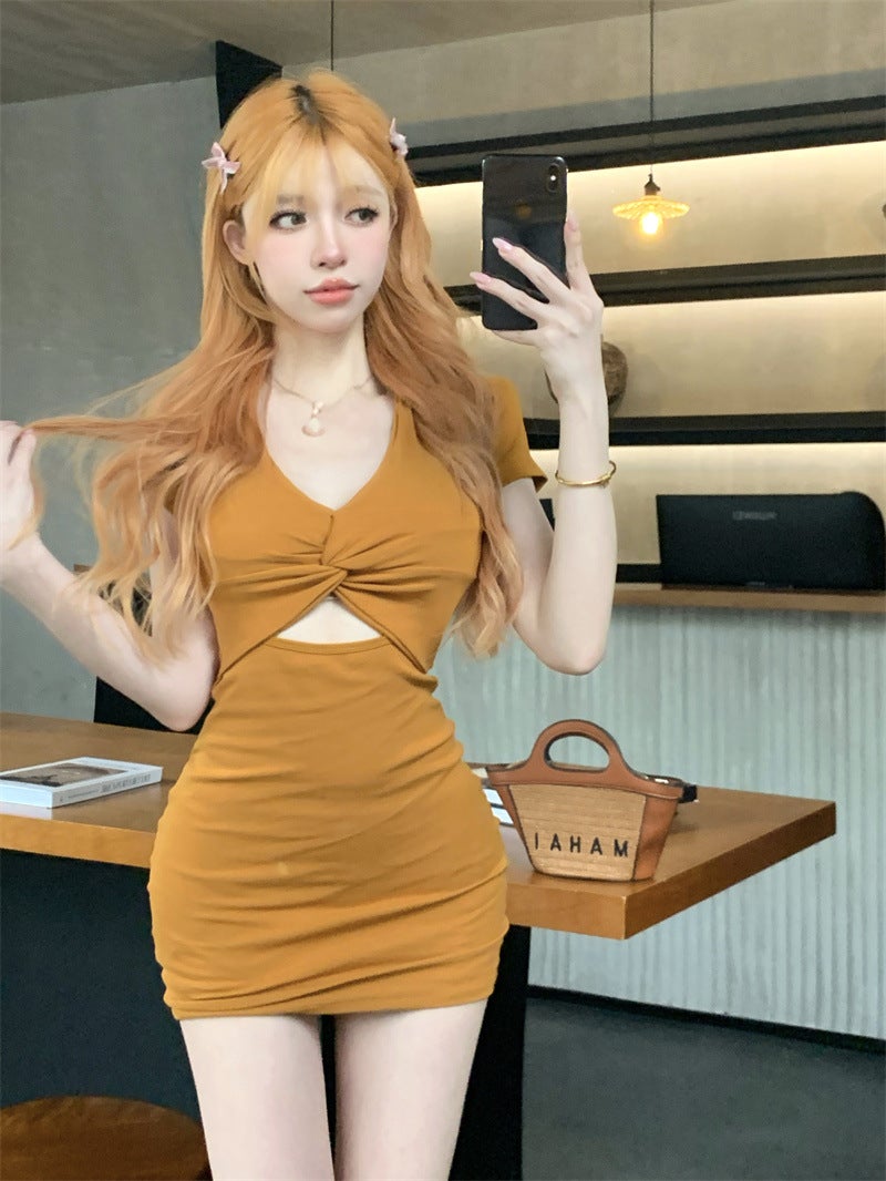 Hong Kong style high-grade suit skirt hot girl V-neck hollow-out short sleeve dress womens summer small waist tight hip skirt Dark gray - Image 2
