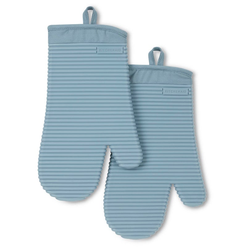 KitchenAid Ribbed Soft Silicone Oven Mitt 2-Pack Set  Fog Blue  7.5""x13"" - Image 1