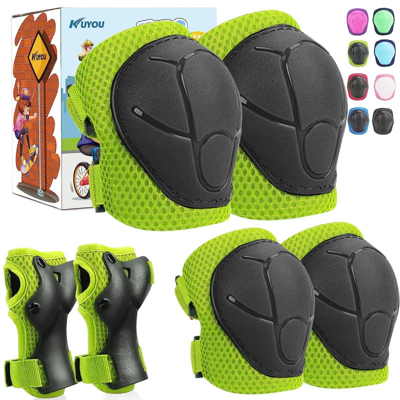 KUYOU Kid's Protective Gear Set,Roller Skating Skateboard BMX Scooter Cycling Protective Gear Pads (Knee Pads+Elbow Pads+wrist Pads),(Green)