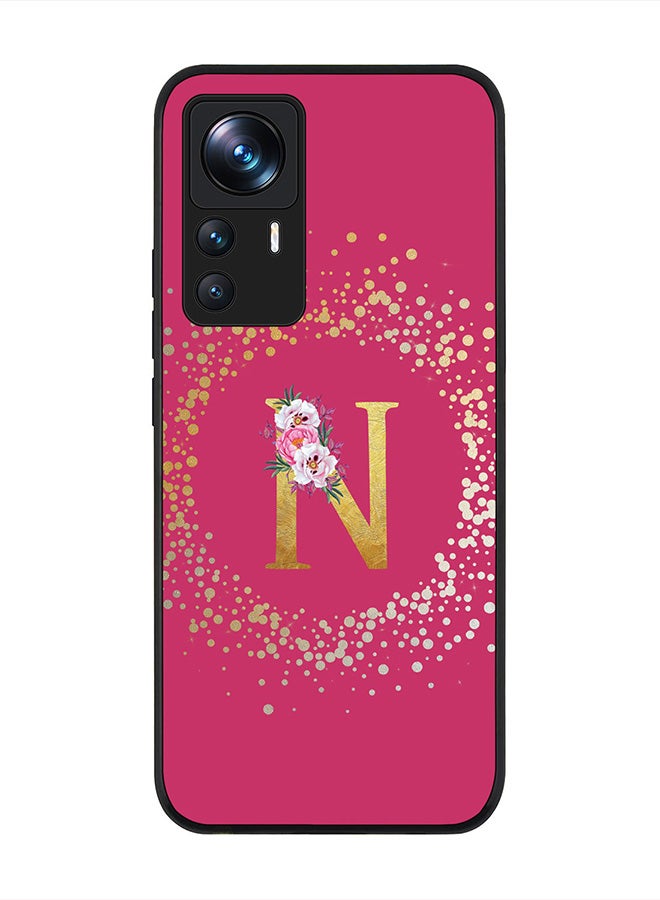 Stylizedd Rugged Black edge case for Xiaomi 12T/12T Pro, Slim fit Rubber Edges  -  Custom Monogram Initial Letter Floral Pattern Alphabet - N  (Dark Pink Rose ) - Image 1