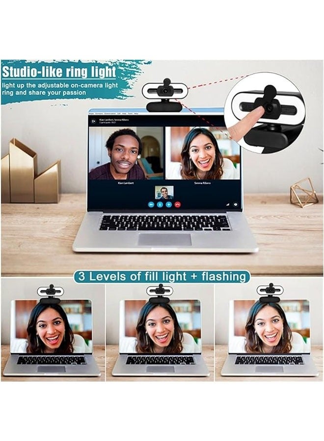 4كاميرا ويب بدقة 4K، 1080 بيكسل كاميرا ويب فل اتش دي 4K مع إضاءة حلقية لتعبئة الإضاءة للكمبيوتر المحمول فيديو مباشر عبر الإنترنت مع ميكروفون كاميرا ويب قابلة للتدوير مع حامل بث فيديو عالي الدقة - Image 4