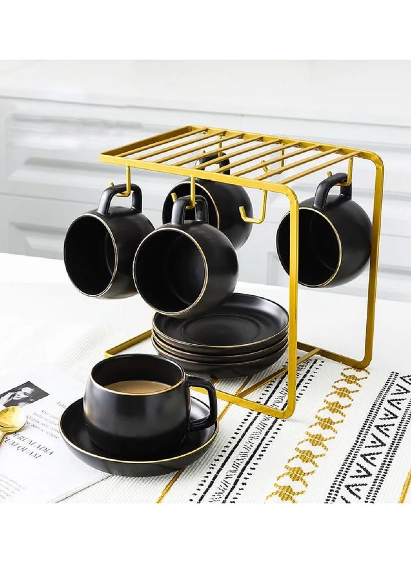 HenSunHome - 6 Cups 6 Saucers 6 Spoons Small Fresh Ceramic Set With Iron Shelf - Image 1