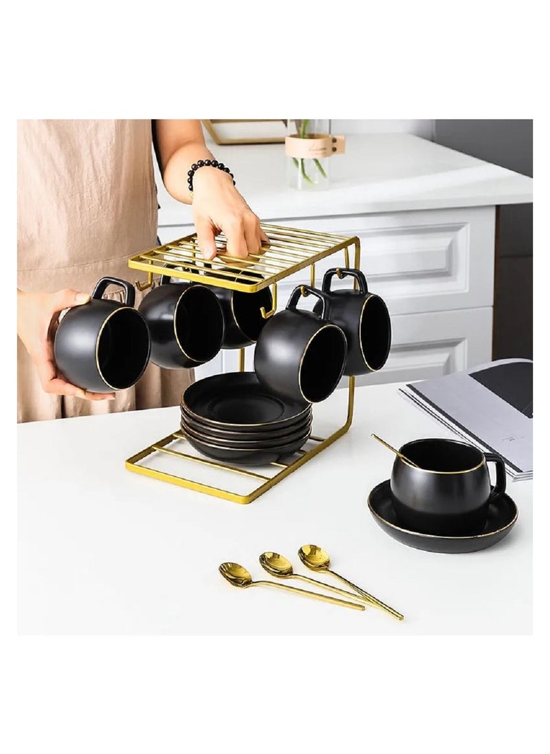 HenSunHome - 6 Cups 6 Saucers 6 Spoons Small Fresh Ceramic Set With Iron Shelf - Image 1