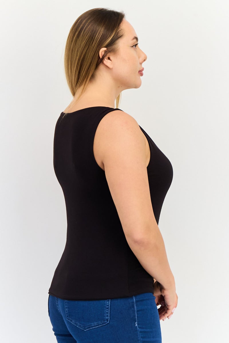 Kathy Ireland Women Boat Neck Sleeveless Solid Tank Top, Black  - Image 2