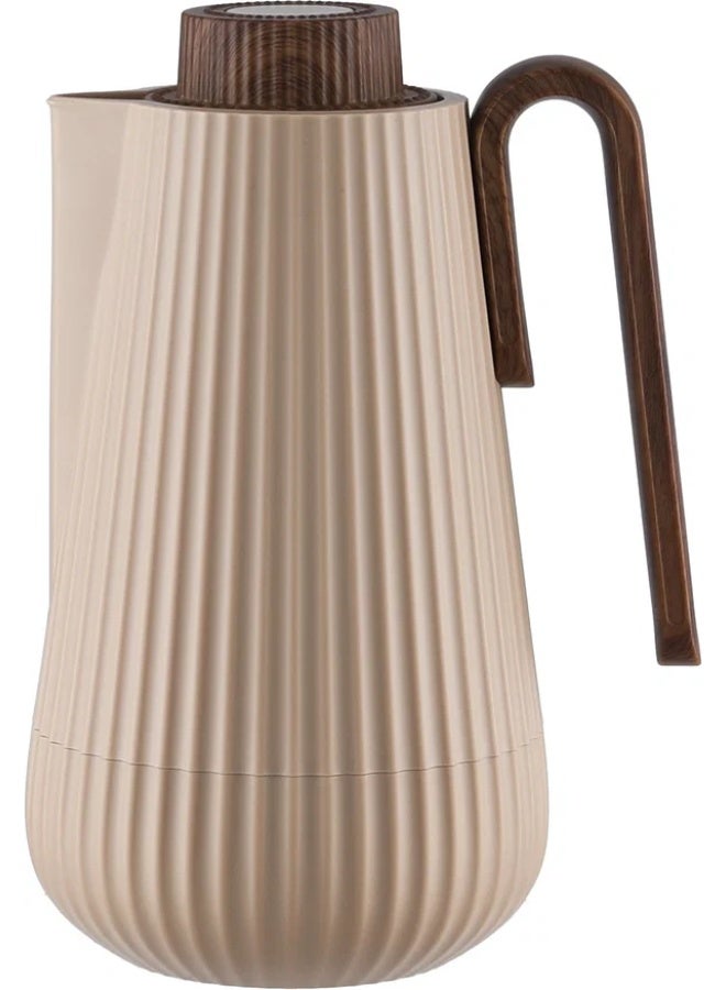Glory Thermos, 0.7 Liter, Wooden Handle, Glass Interior, Push Button - Light Brown Wood - Image 2