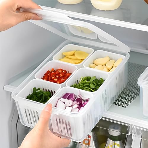 TASMAX Plastic Refrigerator Vegetable Box Fridge Storage Containers Set - 6 Grid Organizers for Freezer Food Storage Accessories, White - Image 5