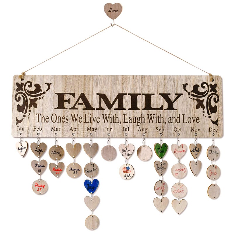 YuQi Gifts for Mom Grandma from Daughter Unique Wooden Family Birthday Reminder Tracker Calendar Board Wall Hanging with 100 Tags Best Gift Ideas for Christmas Birthday Mothers Day - Image 1