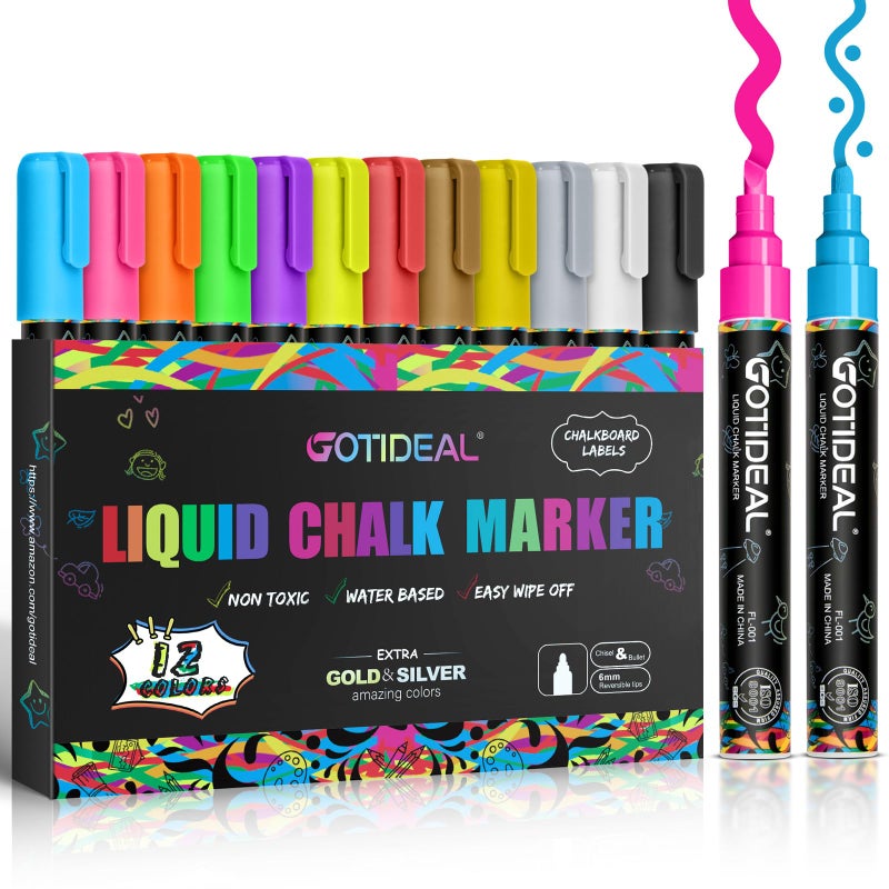 GOTIDEAL Chalk Markers 12 Colors Liquid Chalk Markers for Blackboard Chalkboard Calendar Glass Neon Pens Washable Window markers Paint and Drawing for Car Auto BistroMirror Wet Erase Chisel Tip