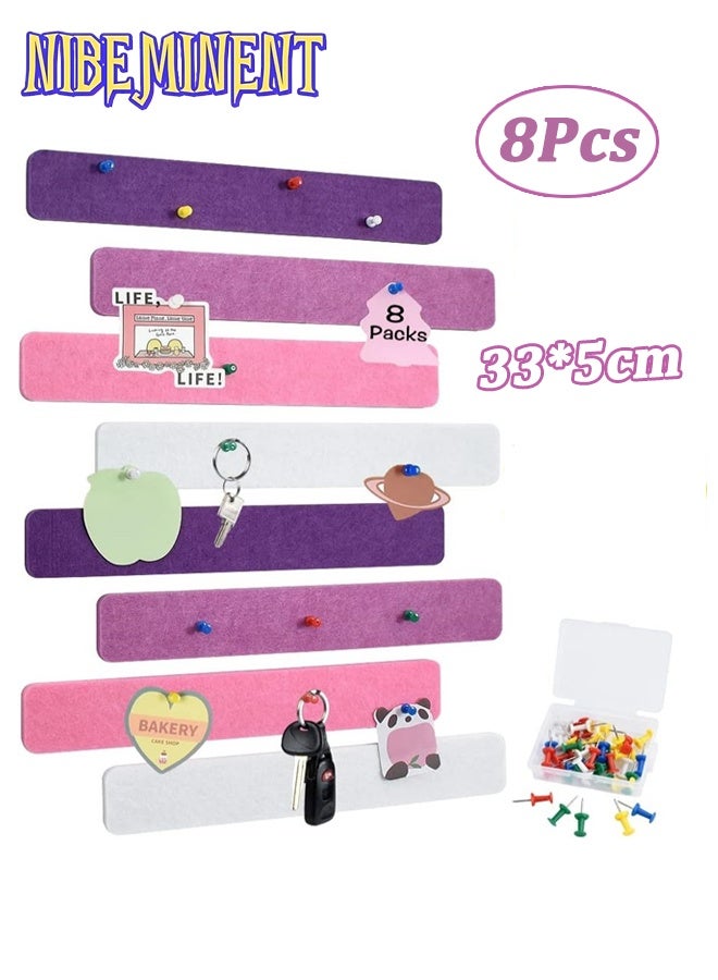 NIBEMINENT 8Pcs/Set Cork Board Bar Strips with 50 Pushpins, Self-Adhesive Bulletin Board Strips No Damage for Wall, Felt Pin Board for Paste Notes, Photos, Schedules Office Decor, 33*5cm, Rose Red - Image 1