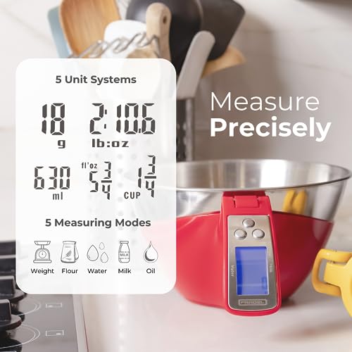 Fradel Digital Kitchen Food Scale with Bowl - 11lb, Grams & Ounces - Removable, Dishwasher-Safe Mixing Bowl - Red - Image 3