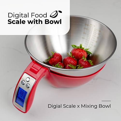 Fradel Digital Kitchen Food Scale with Bowl - 11lb, Grams & Ounces - Removable, Dishwasher-Safe Mixing Bowl - Red - Image 2
