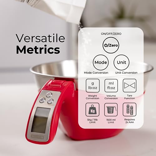 Fradel Digital Kitchen Food Scale with Bowl - 11lb, Grams & Ounces - Removable, Dishwasher-Safe Mixing Bowl - Red - Image 4